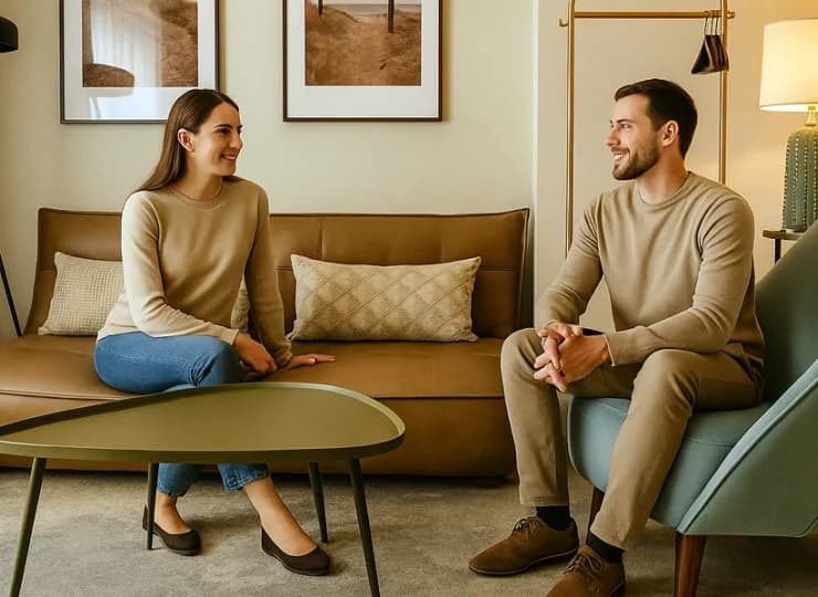 W pokoju superior jest część dzienna z designerskimi meblami