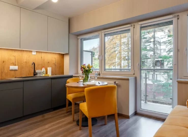 W apartamencie jest dobrze wyposażony aneks kuchenny