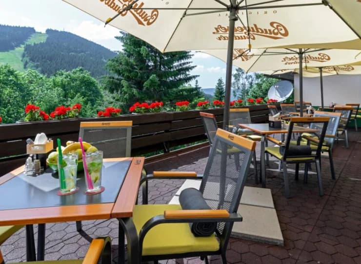 Hotel ma przyjemny taras z widokiem na góry i ośrodek narciarski