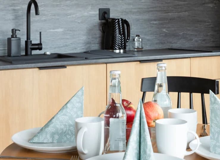 W apartamencie mieści się wyposażony aneks kuchenny