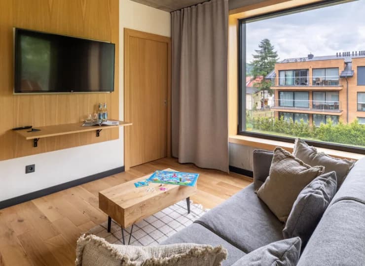 W pokoju dziennym apartamentu stoi rozkładana sofa