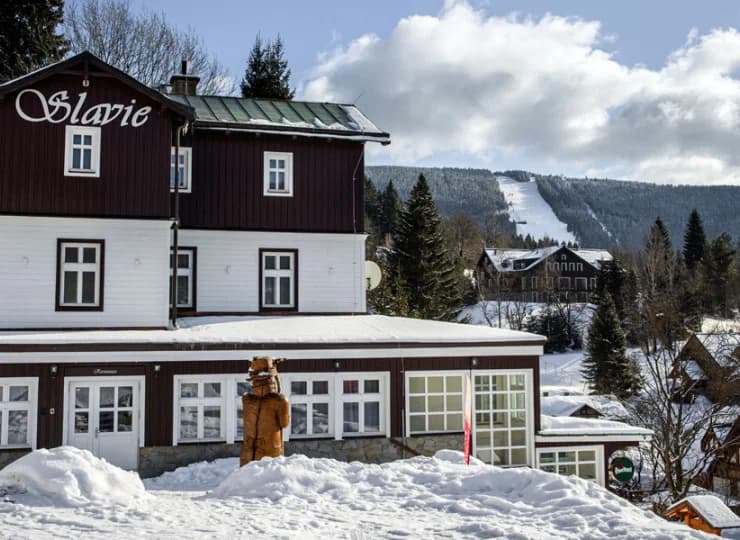 Z hotelu widać stok narciarski na górze Medvedin