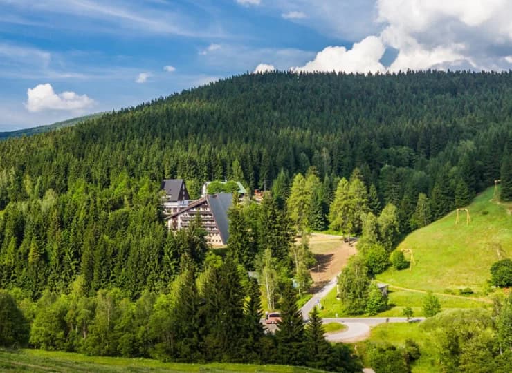Hotel jest położony wśród lasów i gór Harrachova