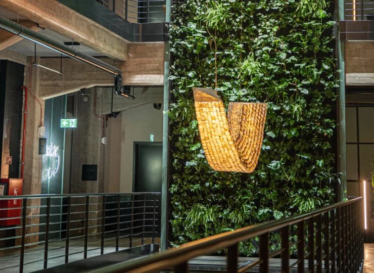 Unikalną dekoracją jest zielona ściana oraz ławica lamp