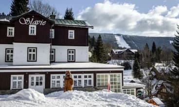 Z hotelu widać stok narciarski na górze Medvedin