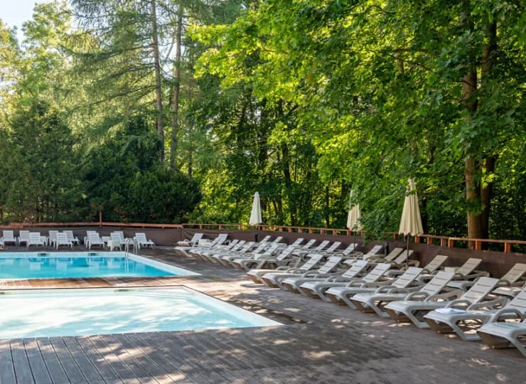 Zewnętrzne leżaki znajdują się pod ścianą lasu