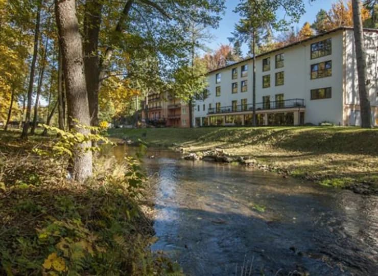Wokół hotelu rozciąga się park z pięknym drzewostanem