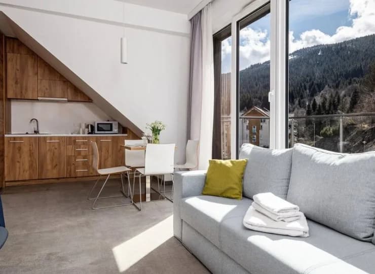 W salonie Apartament Premium w budynku głównym jest aneks kuchenny, stół i sofa