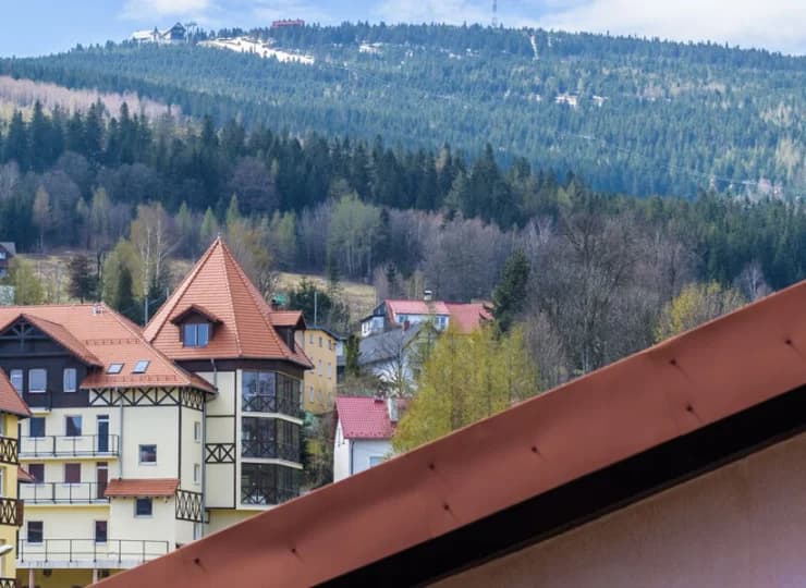 Z tarasu widać góry i ich pięknie zalesione zbocza
