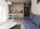 W salonie w Apartamencie Premium budynek boczny jest rozkładana sofa