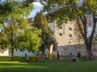 W zamkowym parku, pośród drzew, przygotowano plac zabaw dla najmłodszych